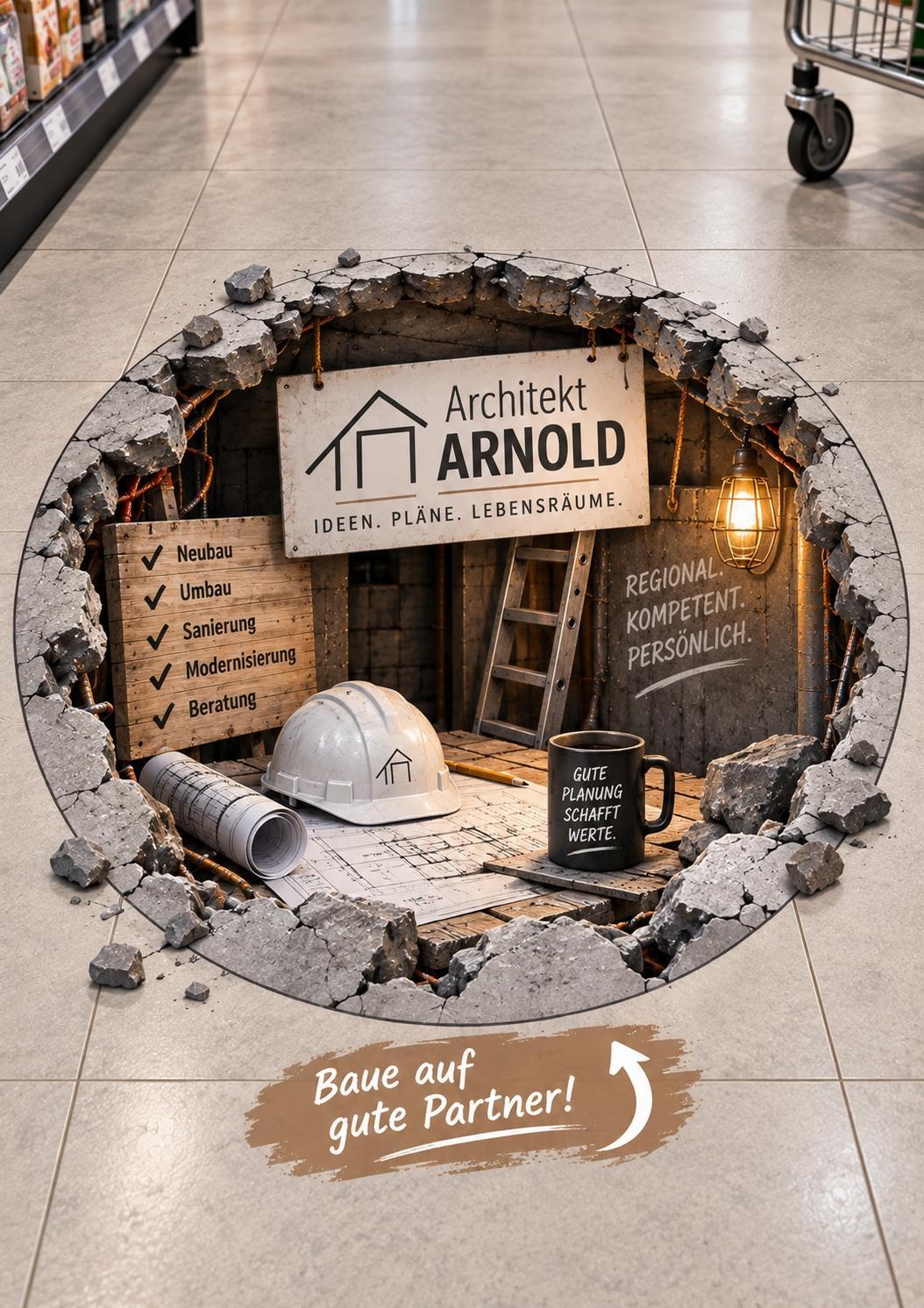 3D-Bodenaufkleber im Markt mit Beispielwerbung eines Architekturbüros