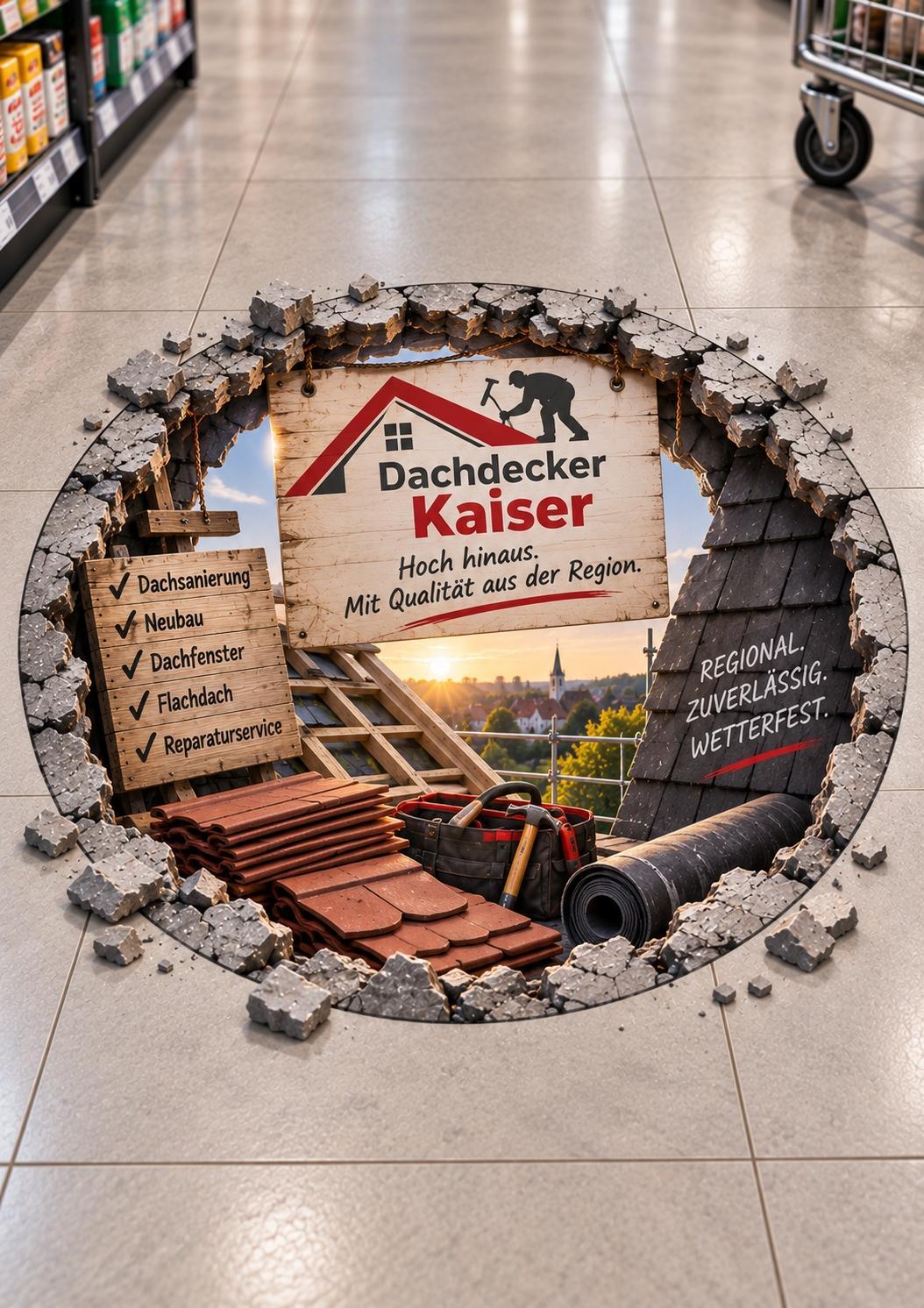3D-Bodenaufkleber im Markt mit Beispielwerbung eines Dachdeckerbetriebs