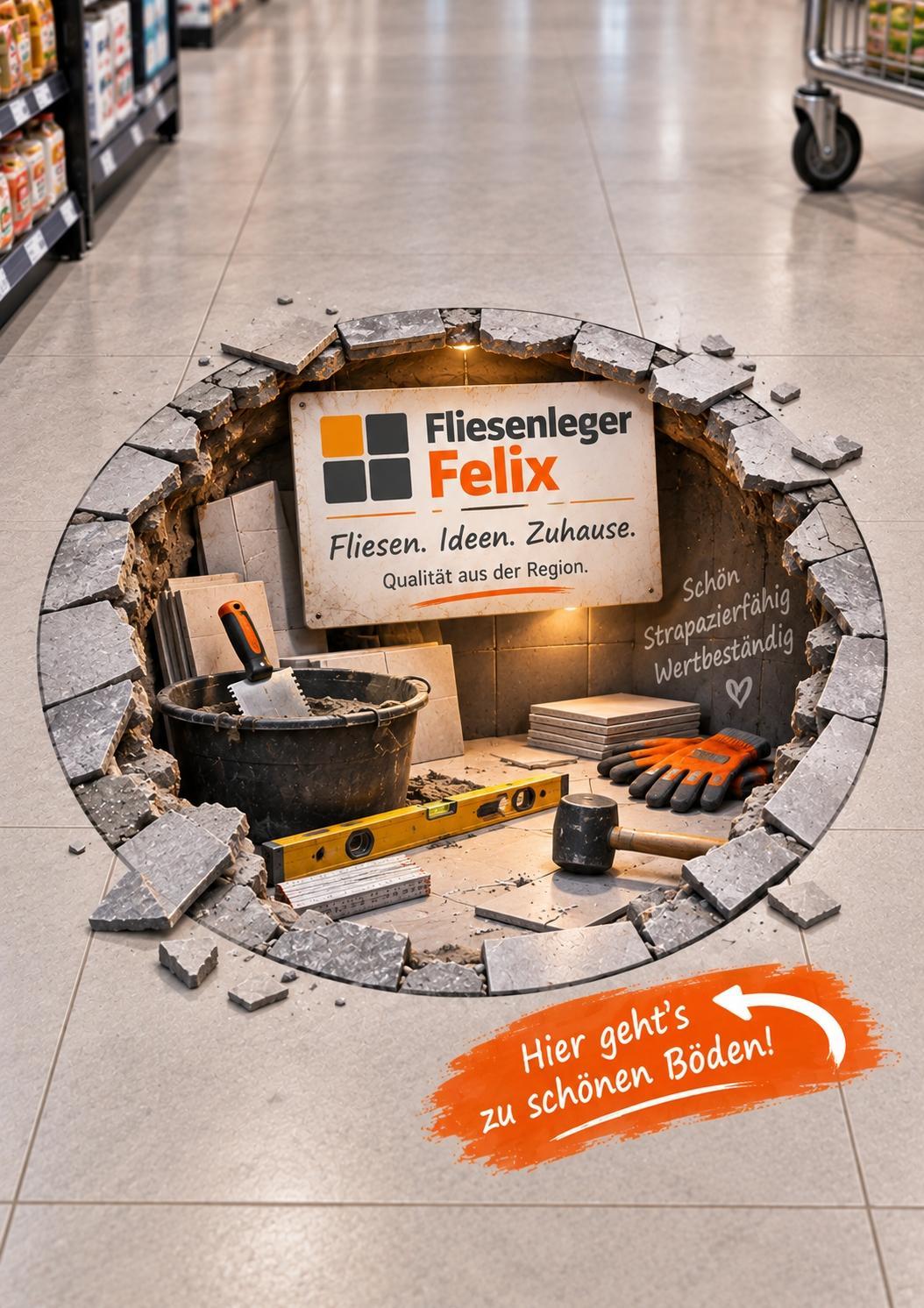 3D-Bodenaufkleber im Markt mit Beispielwerbung eines Fliesenlegerbetriebs
