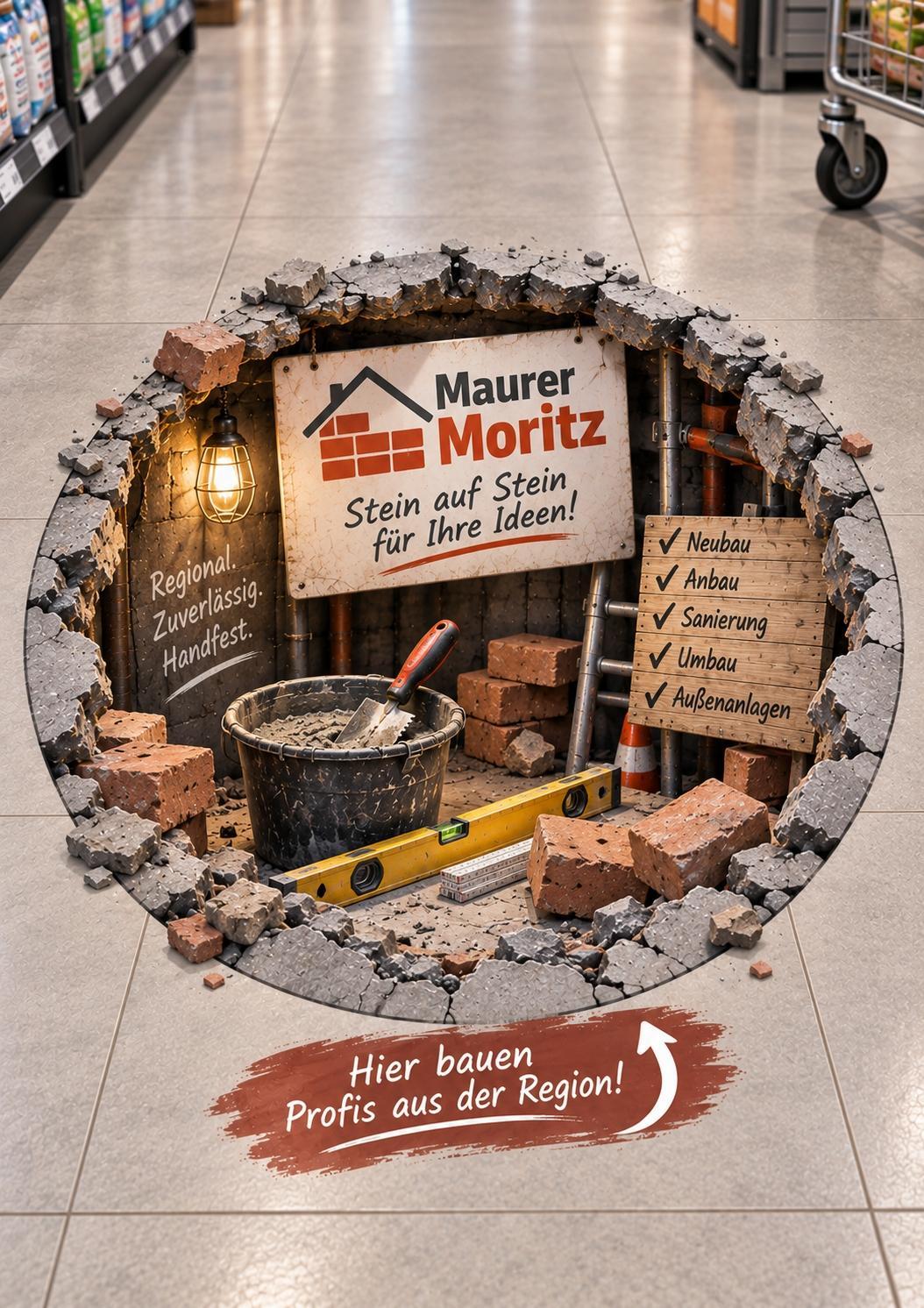 3D-Bodenaufkleber im Markt mit Beispielwerbung eines Maurerbetriebs