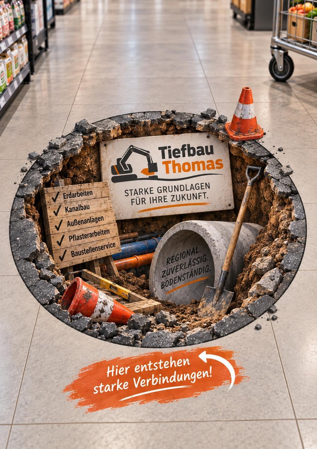 3D-Bodenaufkleber im Markt mit Beispielwerbung eines Tiefbauunternehmens